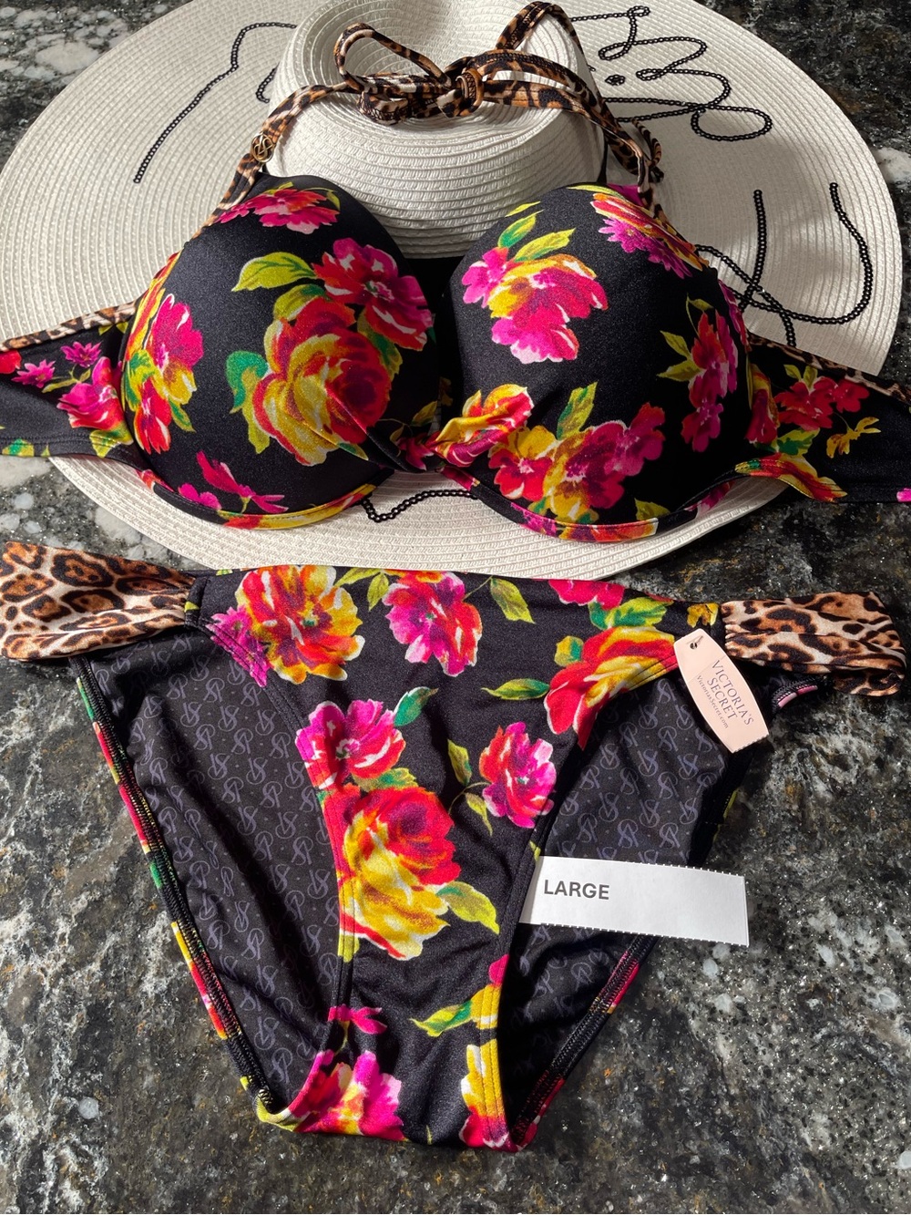 NWOT Victoria Secrets bikini push-up rose leopard 38D and M or L bottoms